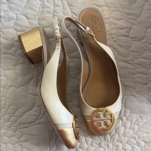 Tory Burch Cream and Gold Heels with Signature Logo